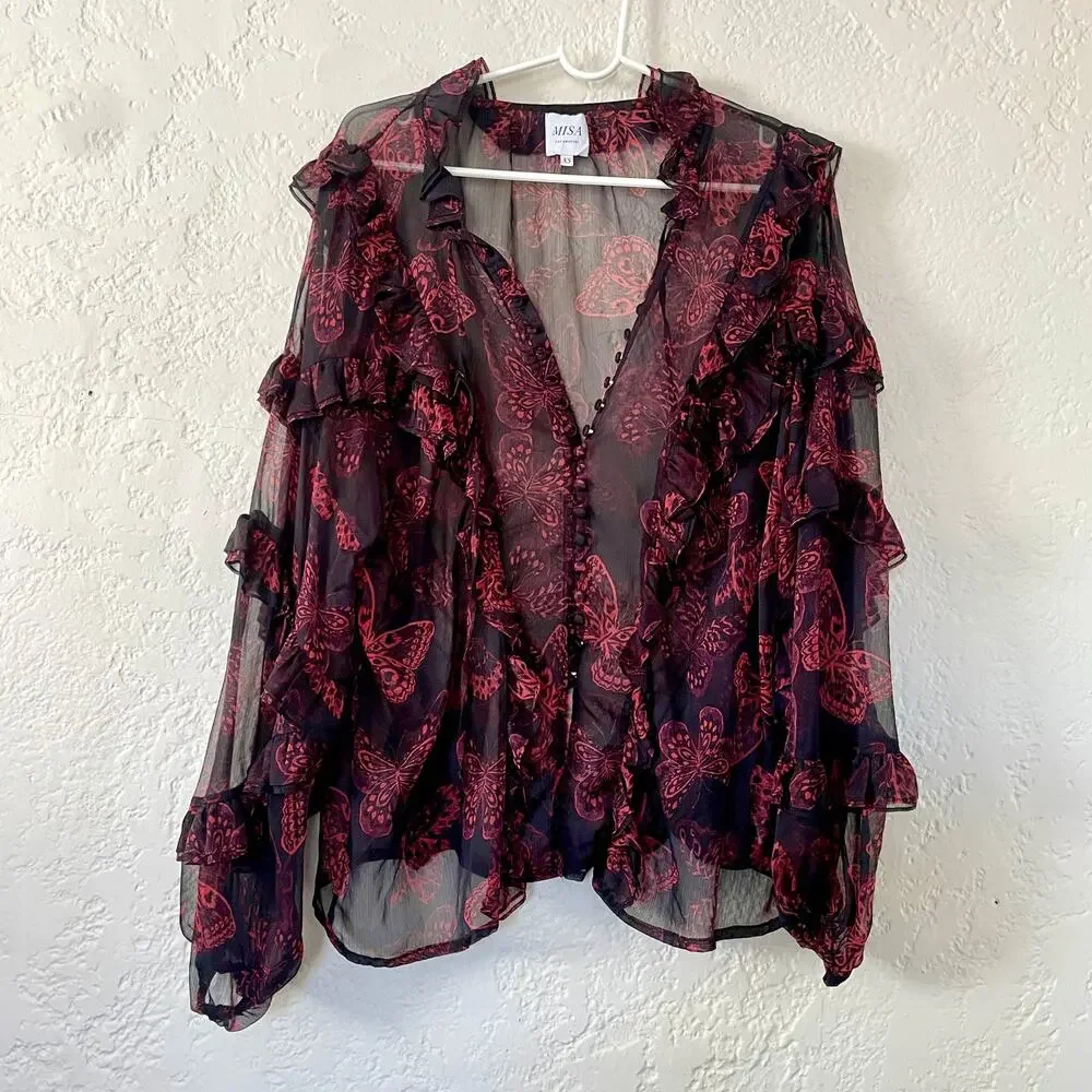 MISA Los Angeles Frida Butterfly Sheer Blouse Ruffle Puffy Sleeves sz XS X-Small - Picture 2 of 13